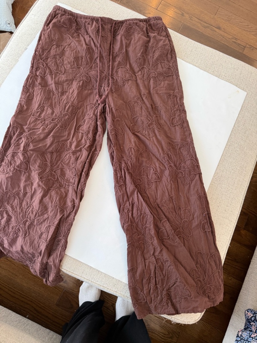 Embroidered Wide-Leg Cotton lightly Sheer Embroidered Pants in Brown Size Large
